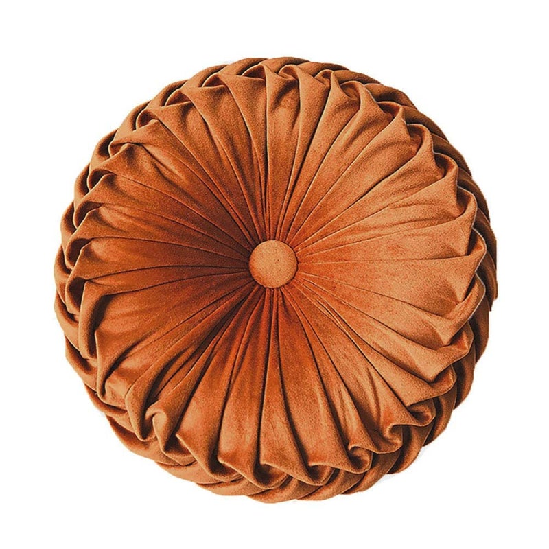 Teieas Round Throw Pillow Velvet Home Decoration Pleated Round Pillow Cushion for Couch Chair Bed Car Orange - Image 1